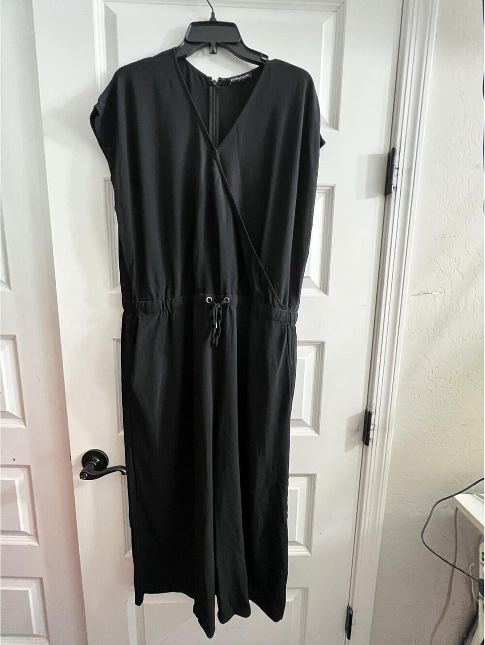 Eileen Fisher Black Wide Leg Jumpsuit Drawstring Waist Sz L Cropped Boho - Picture 2 of 9